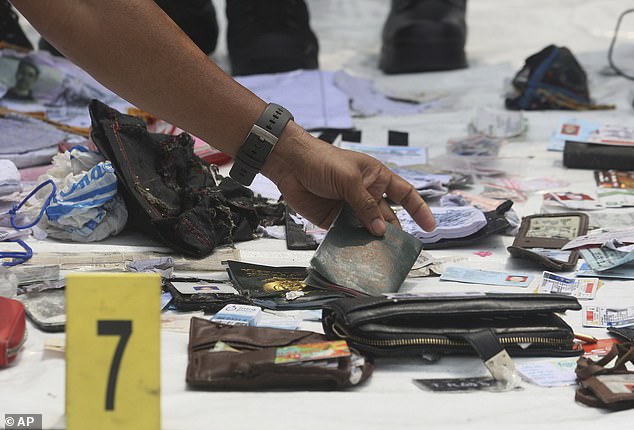 The bodies of at least 24 people have been fished from a debris field found floating in the ocean close to where the plane crashed, along with wallets and passports (pictured)