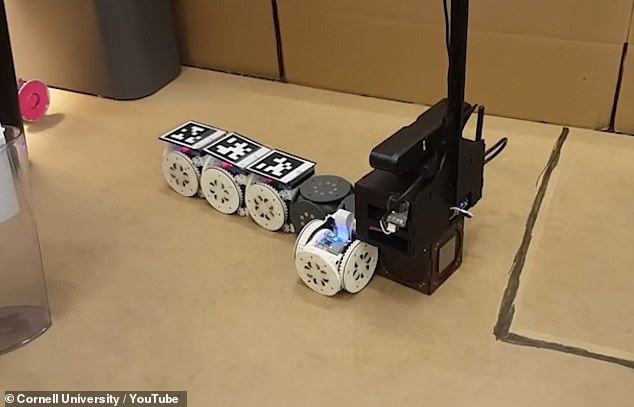 The shape-shifting robot is composed of wheeled, cube-shaped modules that can detach and reattach to form new shapes. Each reconfiguration is suited to the task the robot is assigned to complete
