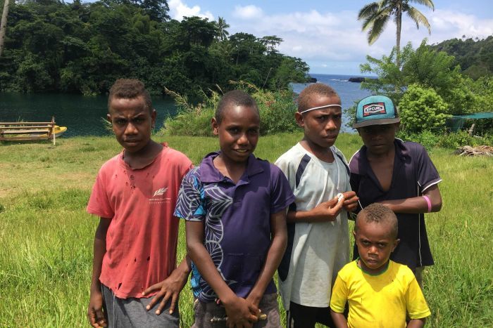 Five boys stand in a line for a photo with palm trees and jungle in the background in Vanuatu. 