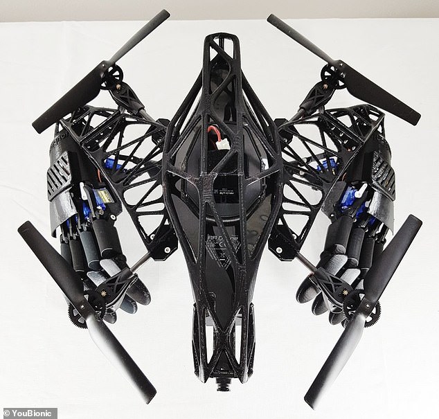 The promotion video displays the jet black shell of the camera-fitted drone flanked by four propeller blades