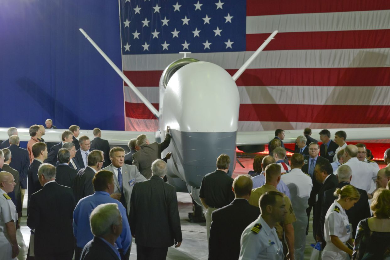 Northrop Grumman unveils the U.S. Navy MQ-4C Broad Area Maritime Surveillance (BAMS) unmanned aircraft system during a ceremony at the Northrop Grumman Palmdale Calif. manufacturing facility. | Northrup Grumman—U.S. Navy