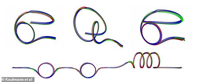 Reference trajectories for acrobatic maneuvers. Top row, from left to right: power loop, barrel roll and matty flip. Bottom row: combo