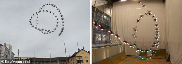 The various stages of the programmed quadrotor as it performs a barrel roll (left) and a power loop (right)