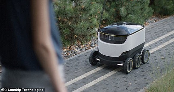 Another company, Starship Technologies, envisions its autonomous delivery service using land-based robots (pictured)