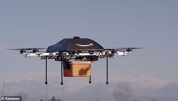 Amazon envisions making last mile deliveries with an army of autonomous drones (pictured) that drop packages on your doorstep. It has billed the service 'Prime Air'