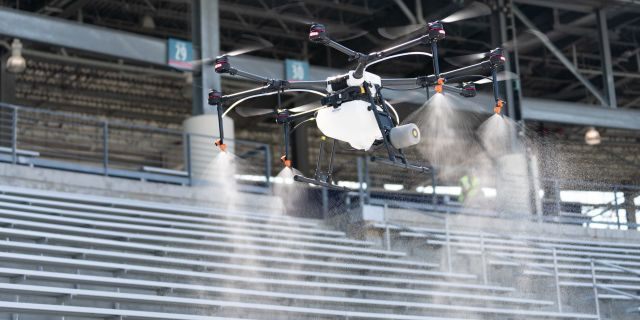 R-Water is a disinfectant that is being sprayed from drones to disinfect outdoor event spaces.