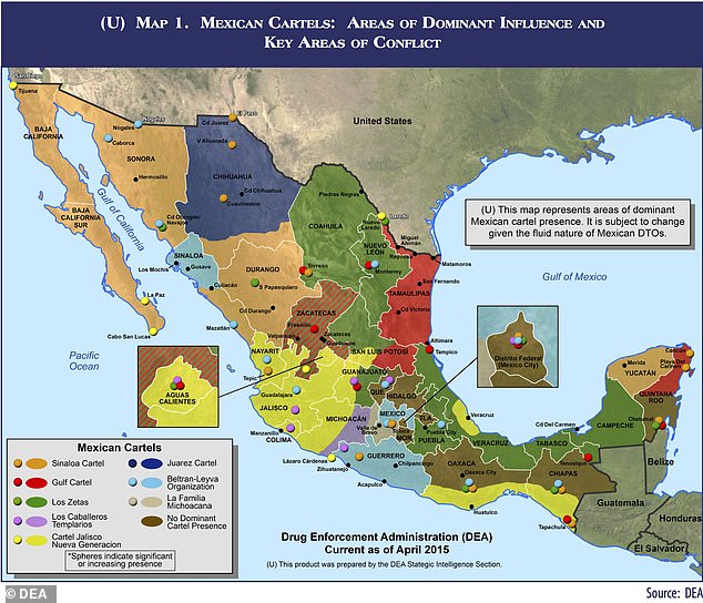 Pictured: A map of Mexican cartels provided by The Drive that identifies CJNG in yellow