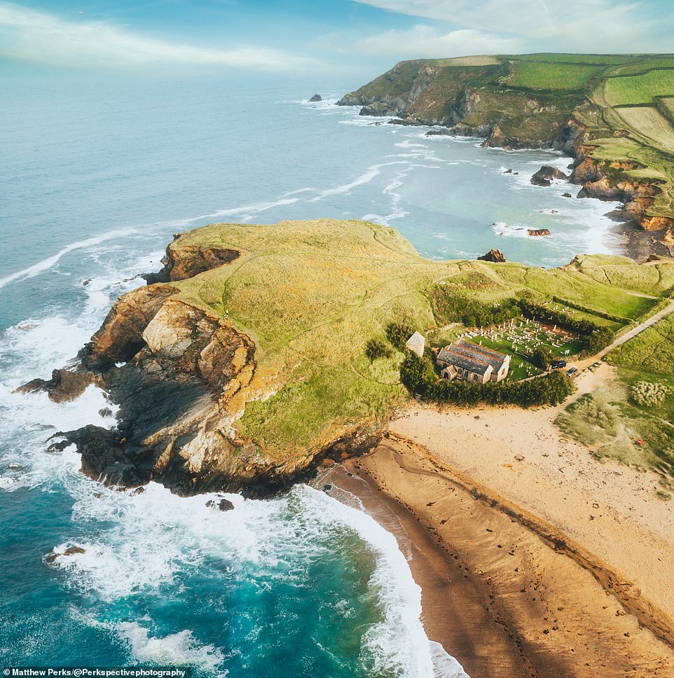 This amazing picture shows Cornwall's enchanting Church Cove beach. It's so-named because just above it lies the dinky church of St Winwaloe. The church's bell tower is set into the headland rock to the left of the main building
