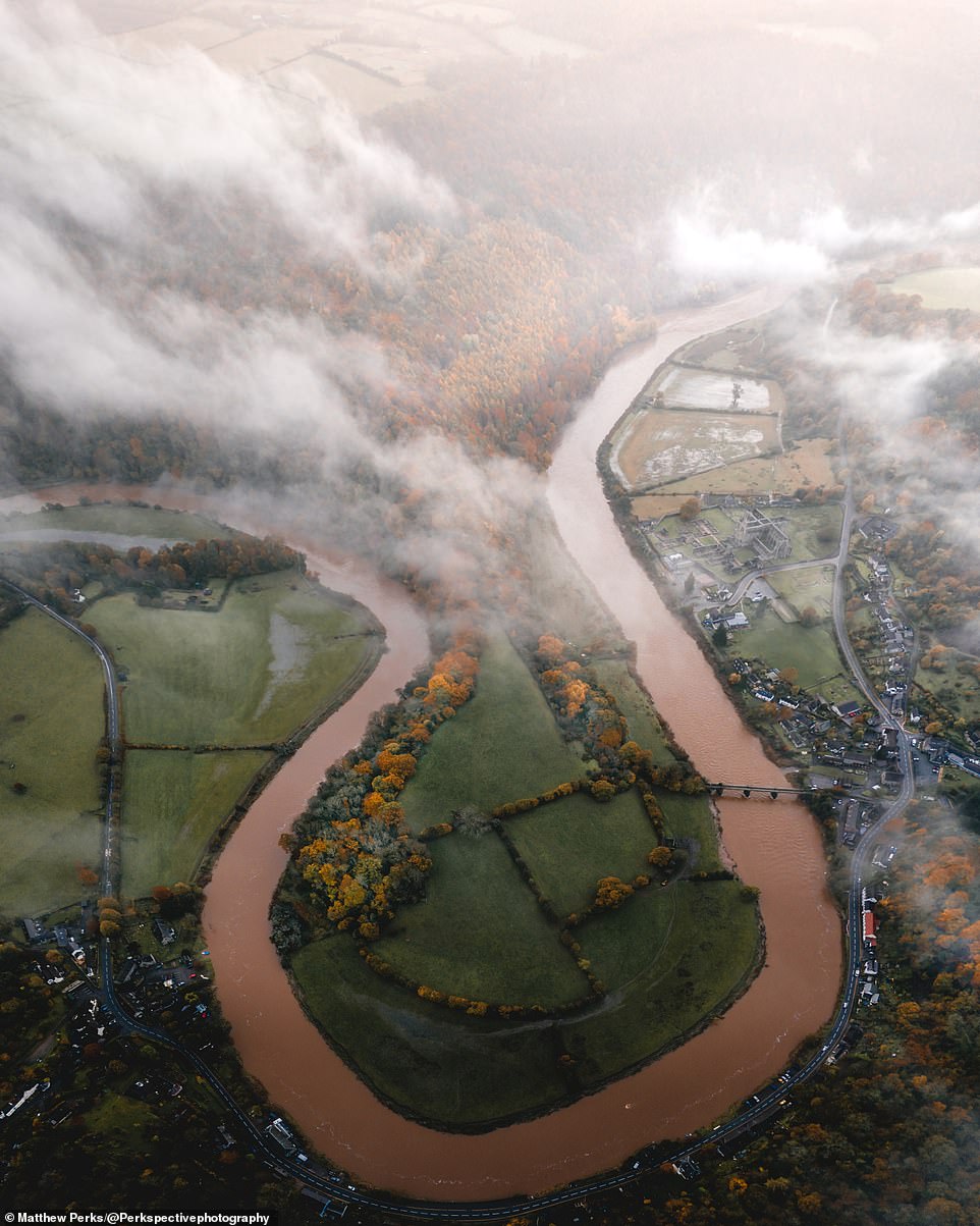 A dramatic horseshoe bend in the River Wye near Tintern Abbey, which can be seen towards the top right of the image