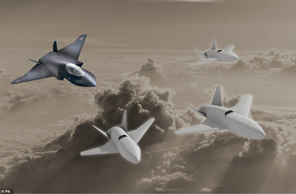 The loyal wingman will be the UK's first uncrewed platform able to target and shoot down enemy aircraft and survive against surface-to-air missiles, the MoD said. Pictured: An MoD visualisation of the RAF's Lightweight Affordable Novel Combat Aircraft (LANCA)