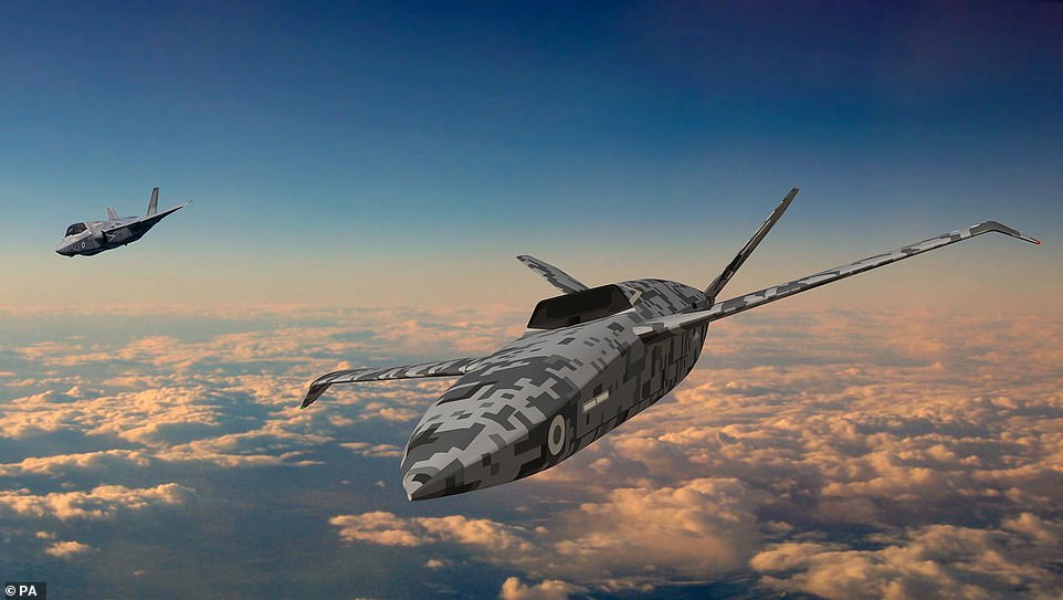 Nicknamed the 'loyal wingman', the aircraft will be designed to fly alongside fighter jets, armed with surveillance and electronic warfare technology to provide a battle-winning advantage over hostile forces. Pictured: A visualisation of the loyal wingman flying alongside a fighter jet