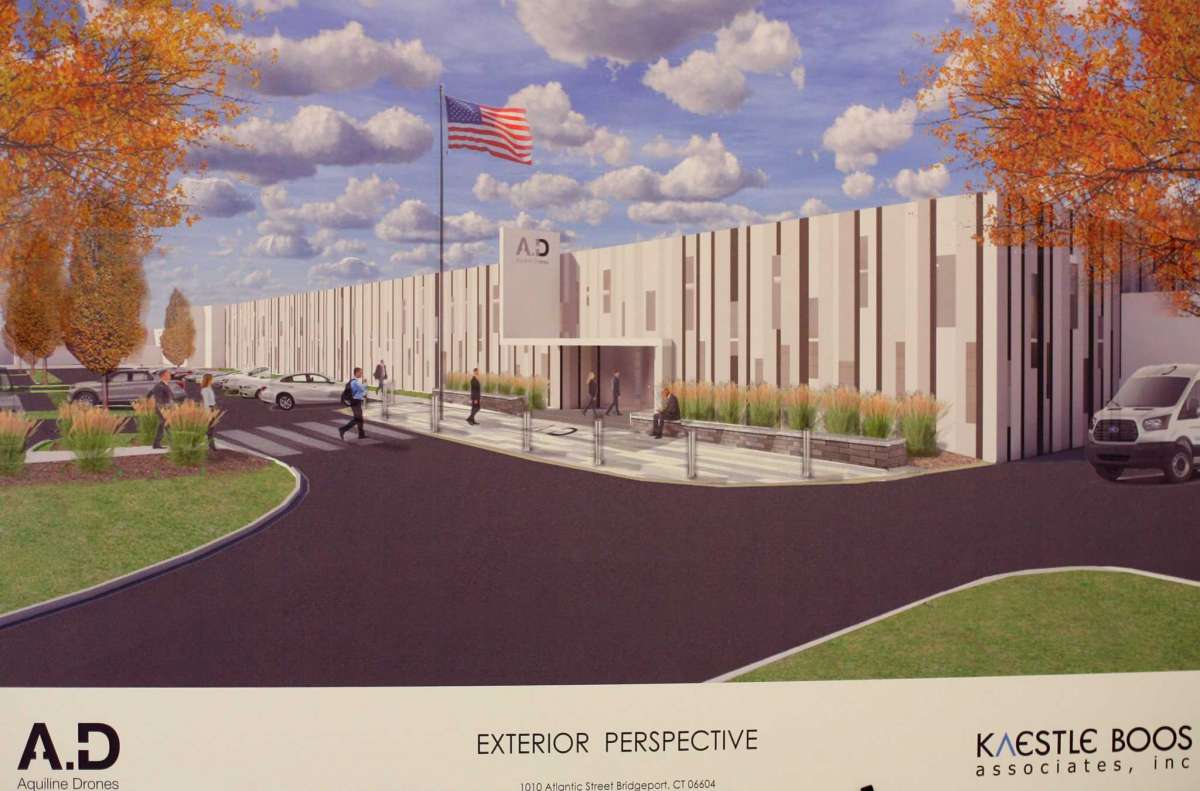An artist rendering of the future location of Aquiline Drones' manufacturing facility in Bridgeport is displayed at the company's headquarters at 750 Main St., in downtown Hartford, Conn.