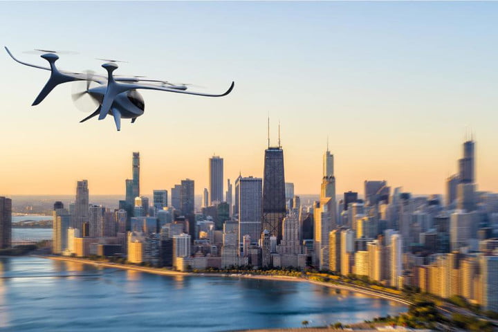 A render of AutoFlight's Prosperity I flying past the NYC skyline.