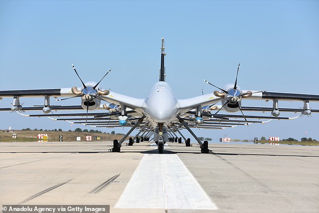 A fearsome Bayraktar drone is pictured at a test centre in Istanbul before shipment in July