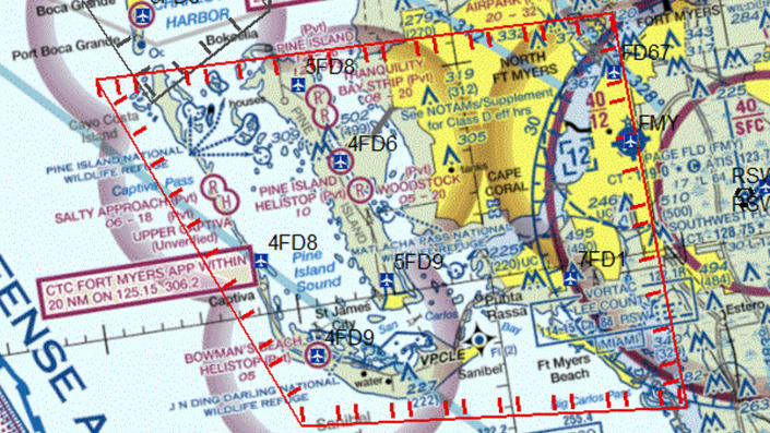 The Federal Aviation Administration put a temporary flight restriction on this area &#x002014; outlined in red &#x002014; of Fort Myers, Fla., on Friday.  