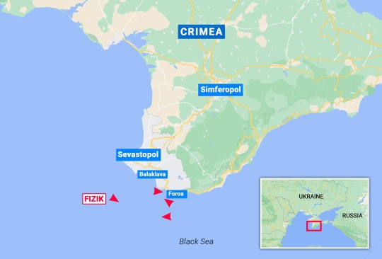 Fizik research vessel's position by the coast of Crimea on 16 March 2023 Metro graphics