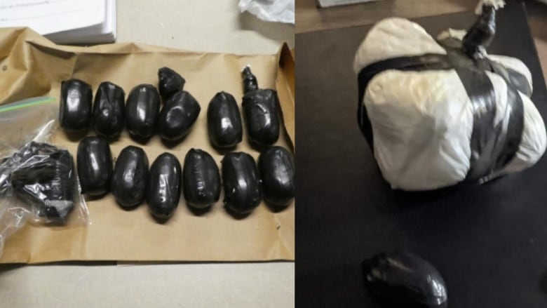 The photo illustration has thirteen oval-shaped black bundles of crystal meth. In the next photo is a bundle of drugs wrapped in plastic and black tape. 