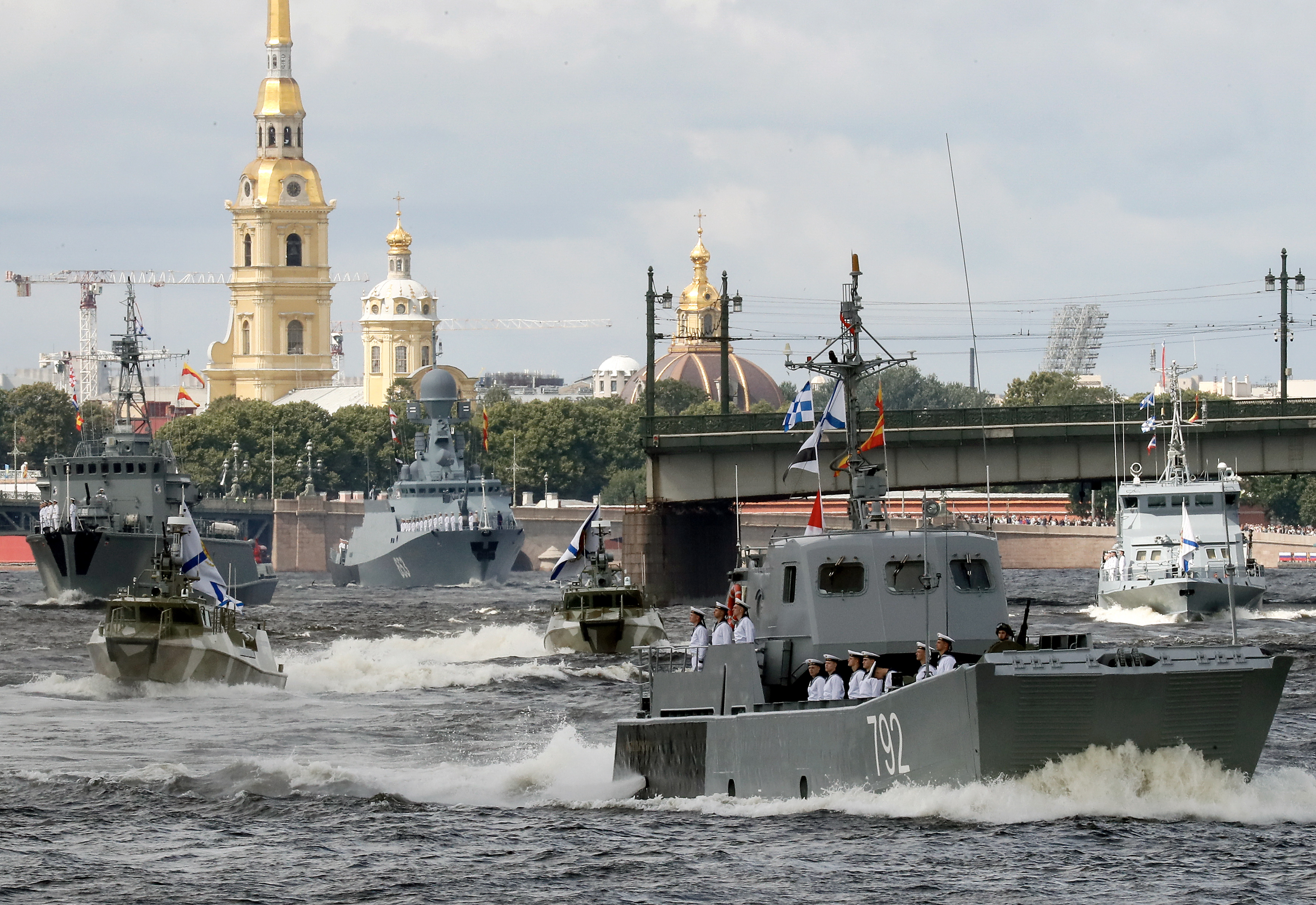 Crowds gathered to watch the spectacle at sea in St Petersburg