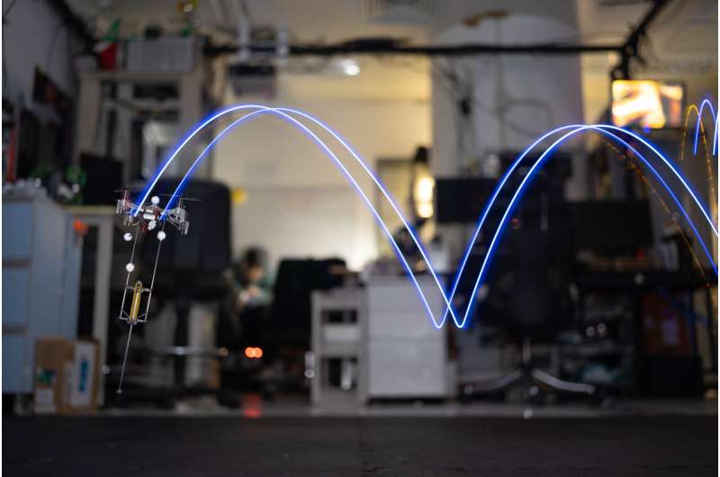 A rear-curtain sync photograph showing an aerial hopping trajectory of the robot. Credit: Songnan Bai, Runze Ding, Song Li, and Bingxuan Pu Adding a telescopic leg beneath a quadcopter to create a hopping drone