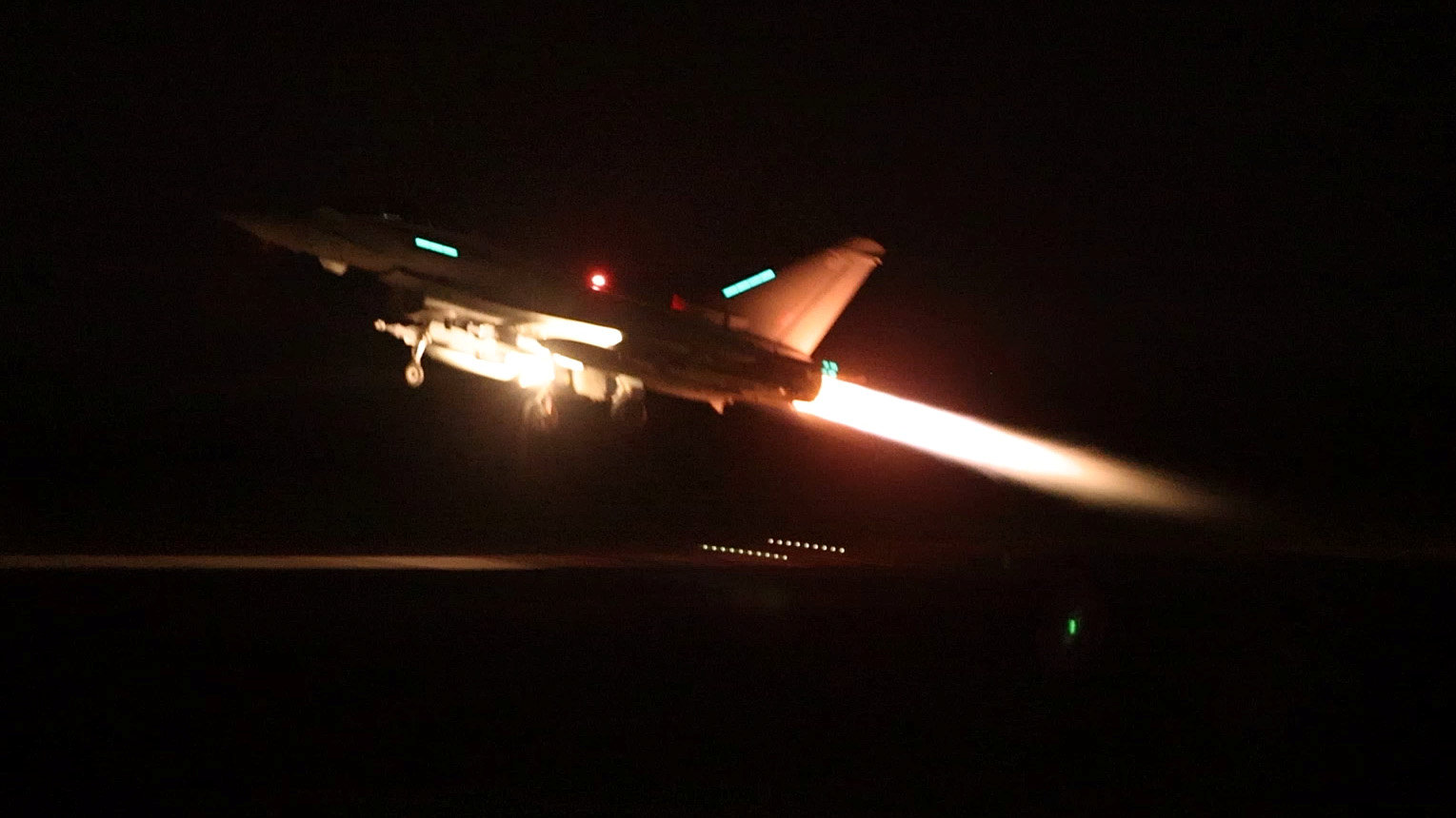 An RAF Typhoon aircraft - like the one in operation last night - takes off to conduct air strikes against military targets in Yemen earlier this year