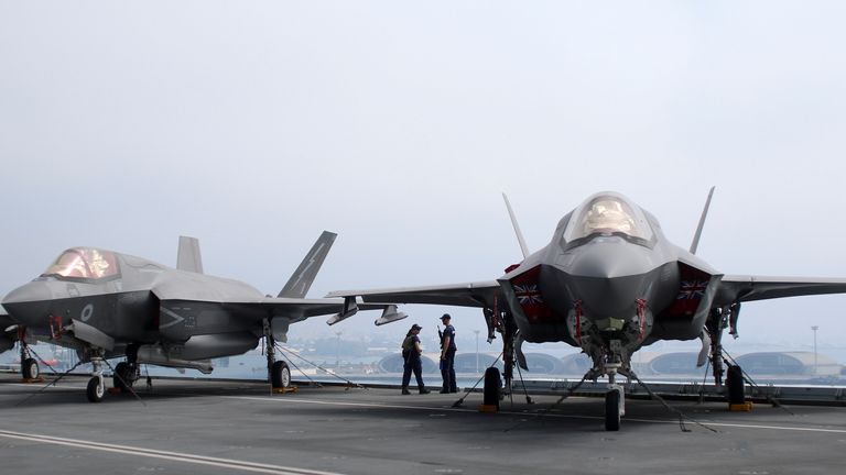 F-35B Lightning II aircraft, seen on the deck of HMS Queen Elizabeth moored in Limassol, Cyprus, in 2021
