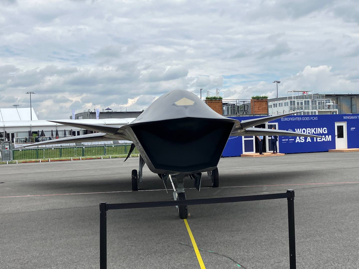 A head-on view of the Airbus Wingman uncrewed concept aircraft. <em>Airbus</em>